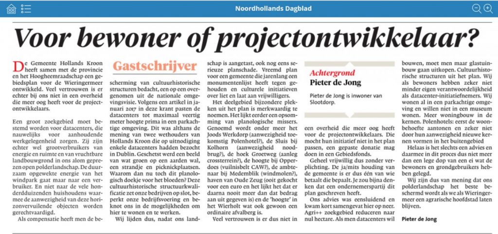 Ingezonden brief: Gebiedsplan Wieringermeer door Pieter de Jong